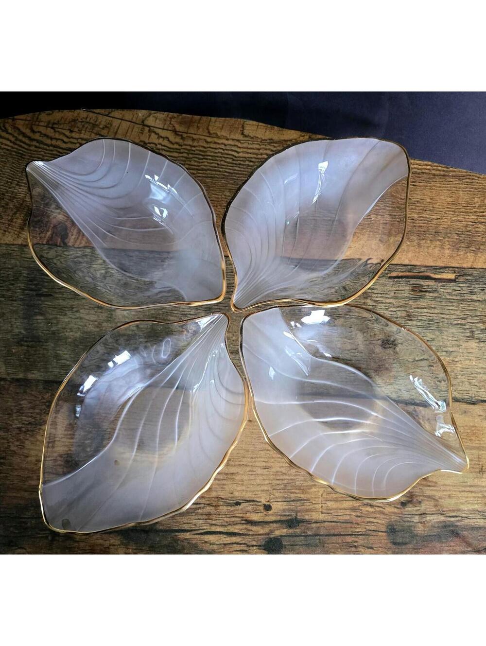 Vtg Mikasa Studio Nova Frosted & Clear Crystal Leaf Candy Dish Gold Trim Retired